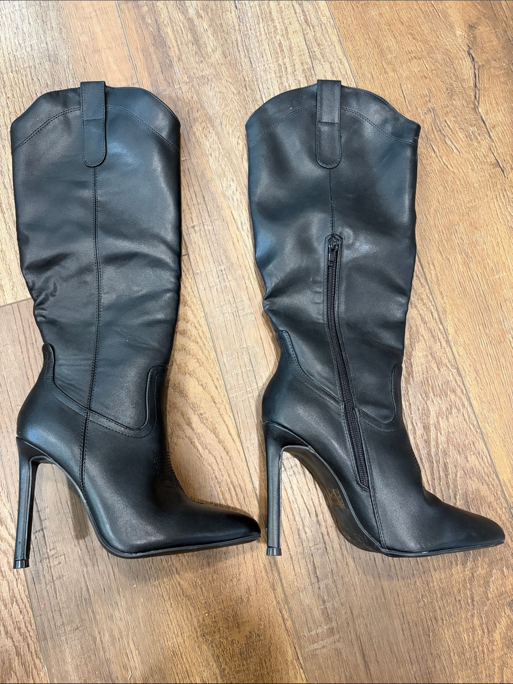 Black High-Heel Knee Boots with Side Zip